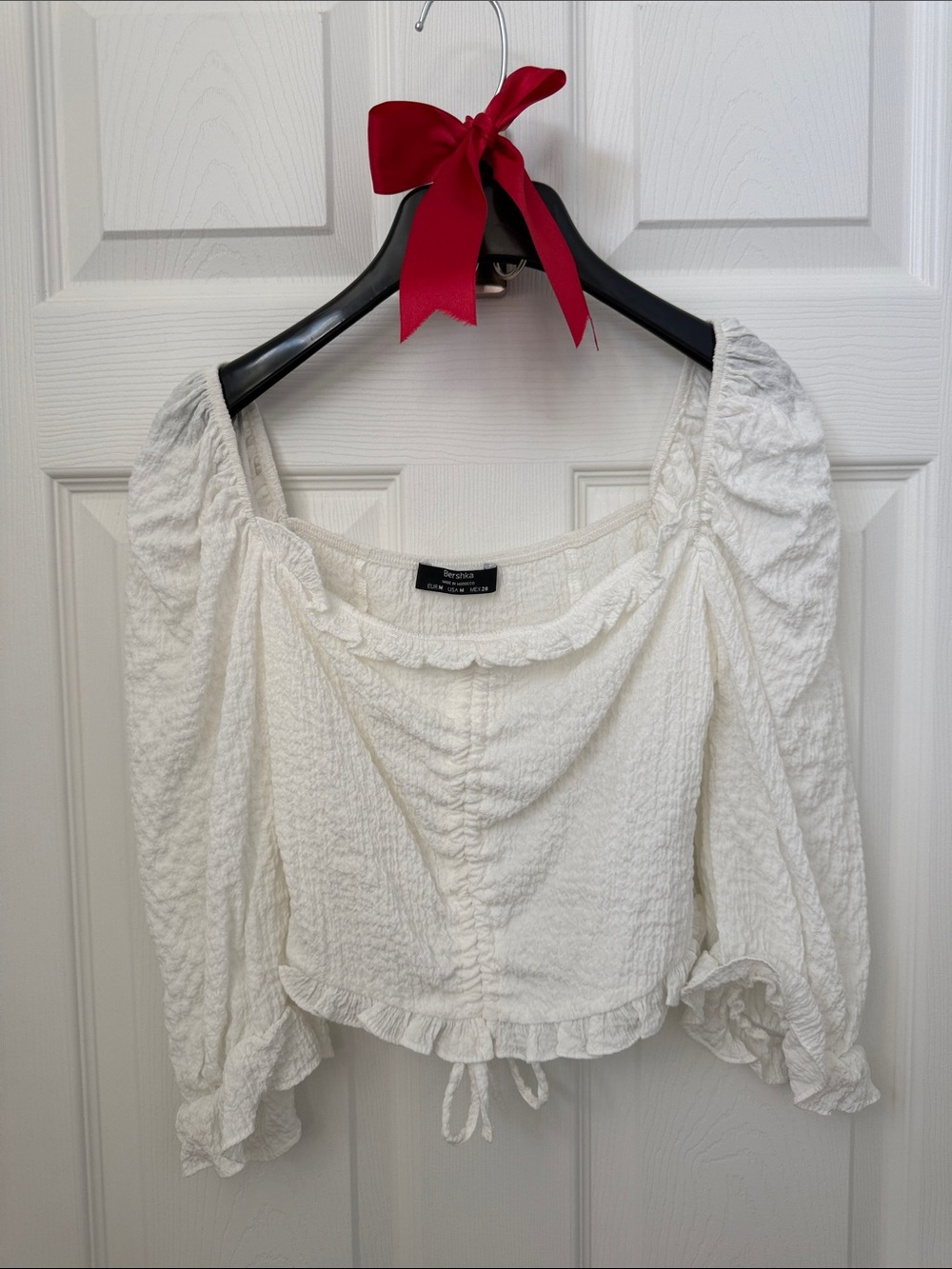 Bershka White Textured Ruffle-Smock Blouse